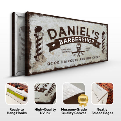 Barbershop Sign canvas by Tailored Canvases with vintage look and barber pole graphics on Tampa Home & Garden Store