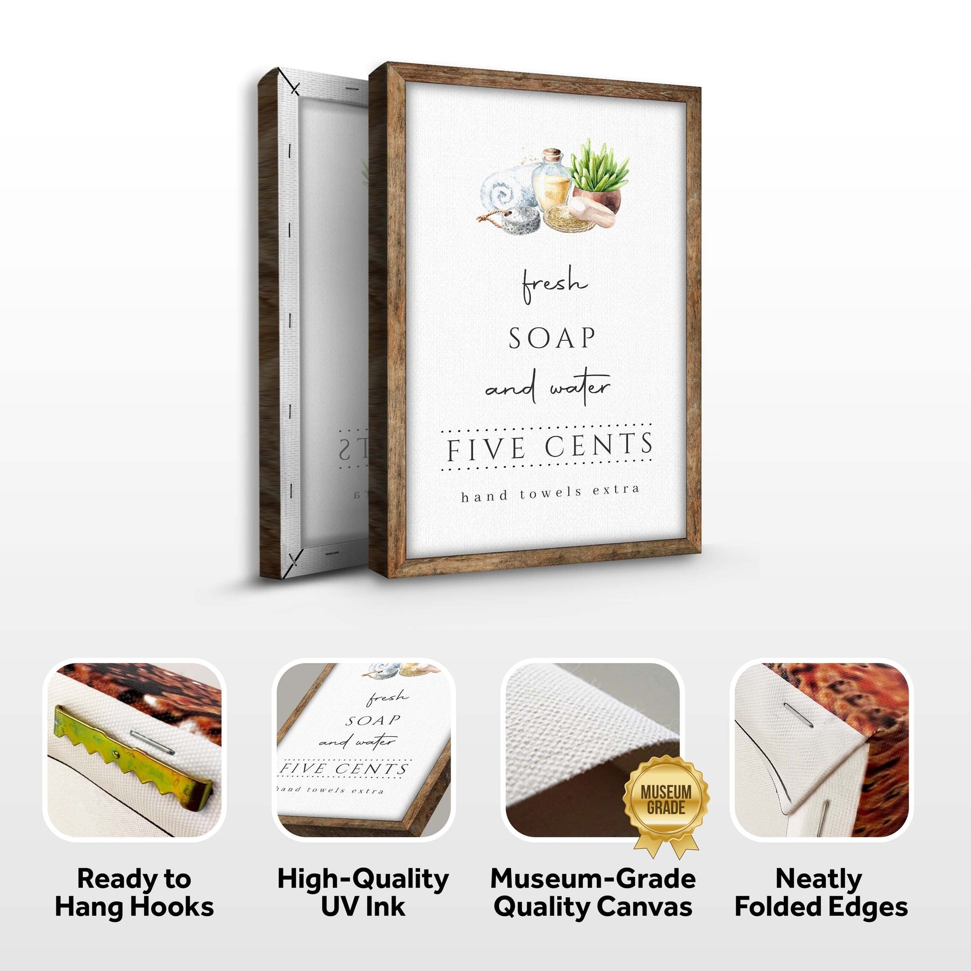 Fresh Soap and Water Bathroom Sign III canvas by Tailored Canvases with a wooden frame on Tampa Home & Garden Store