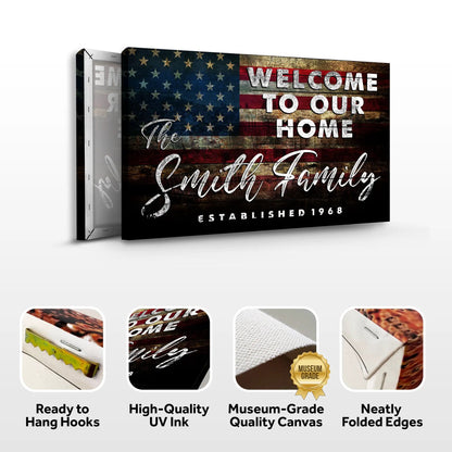 Welcome To Our Home Sign III canvas with distressed Americana flag backdrop by Tailored Canvases on Tampa Home & Garden Store