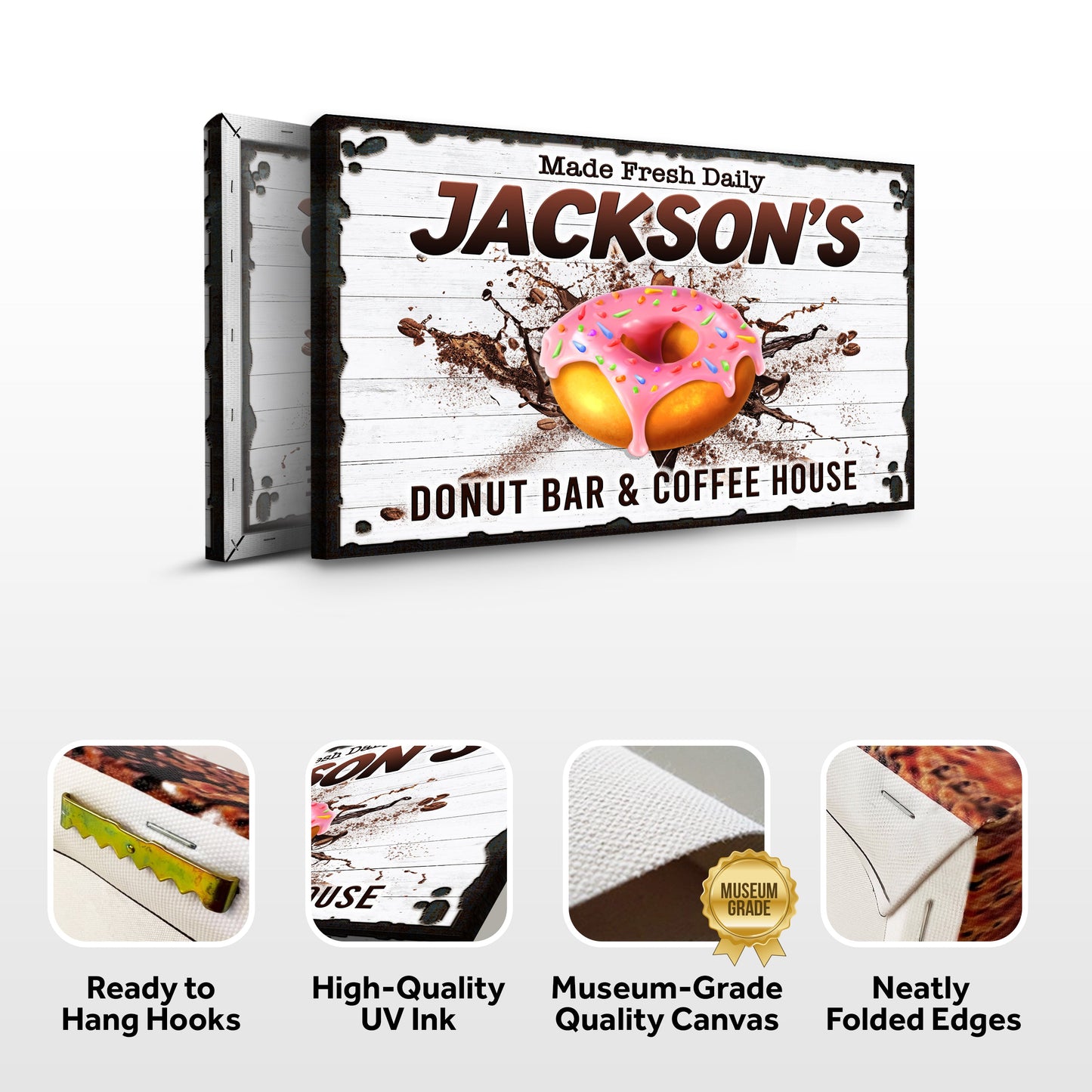 Canvas sign Jackson's Donut Bar & Coffee House with a pink sprinkled donut on white wood on Tampa Home & Garden Store