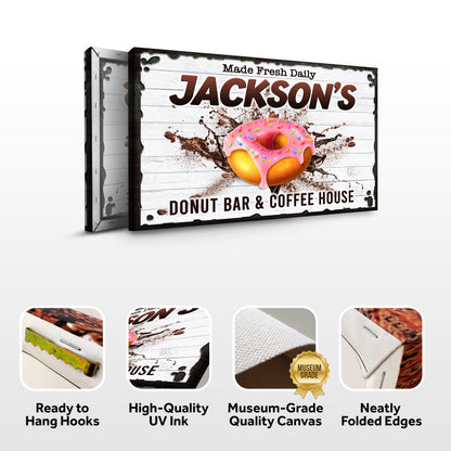 Canvas sign Jackson's Donut Bar & Coffee House with a pink sprinkled donut on white wood on Tampa Home & Garden Store