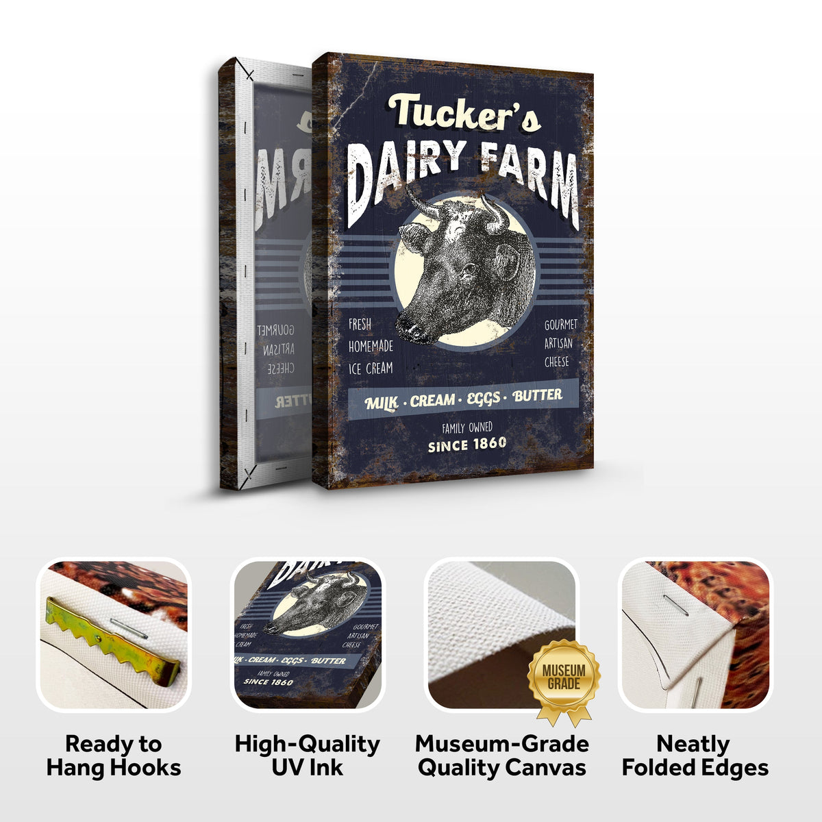 Dairy Farm Sign canvas in distressed navy with vintage bull illustration Tailored Canvases on Tampa Home & Garden Store