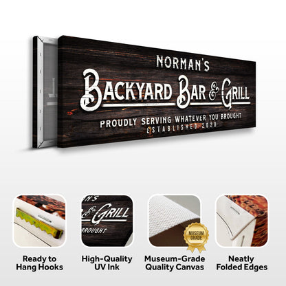 Backyard Bar & Grill Sign II canvas with dark wood grain and white distressed lettering on Tampa Home & Garden Store