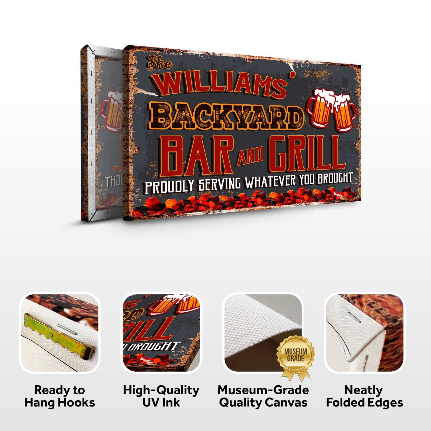 Canvas print Backyard Bar And Grill Sign VII by Tailored Canvases in gray with red lettering on Tampa Home & Garden Store