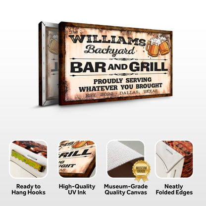 Tailored Canvases Backyard Bar & Grill Sign IX canvas with distressed parchment and rust frame on Tampa Home & Garden Store