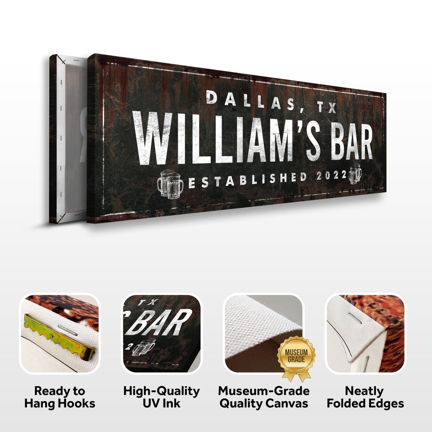 Rustic Bar Sign canvas with distressed texture and white lettering Dallas TX Tailored Canvases on Tampa Home & Garden Store