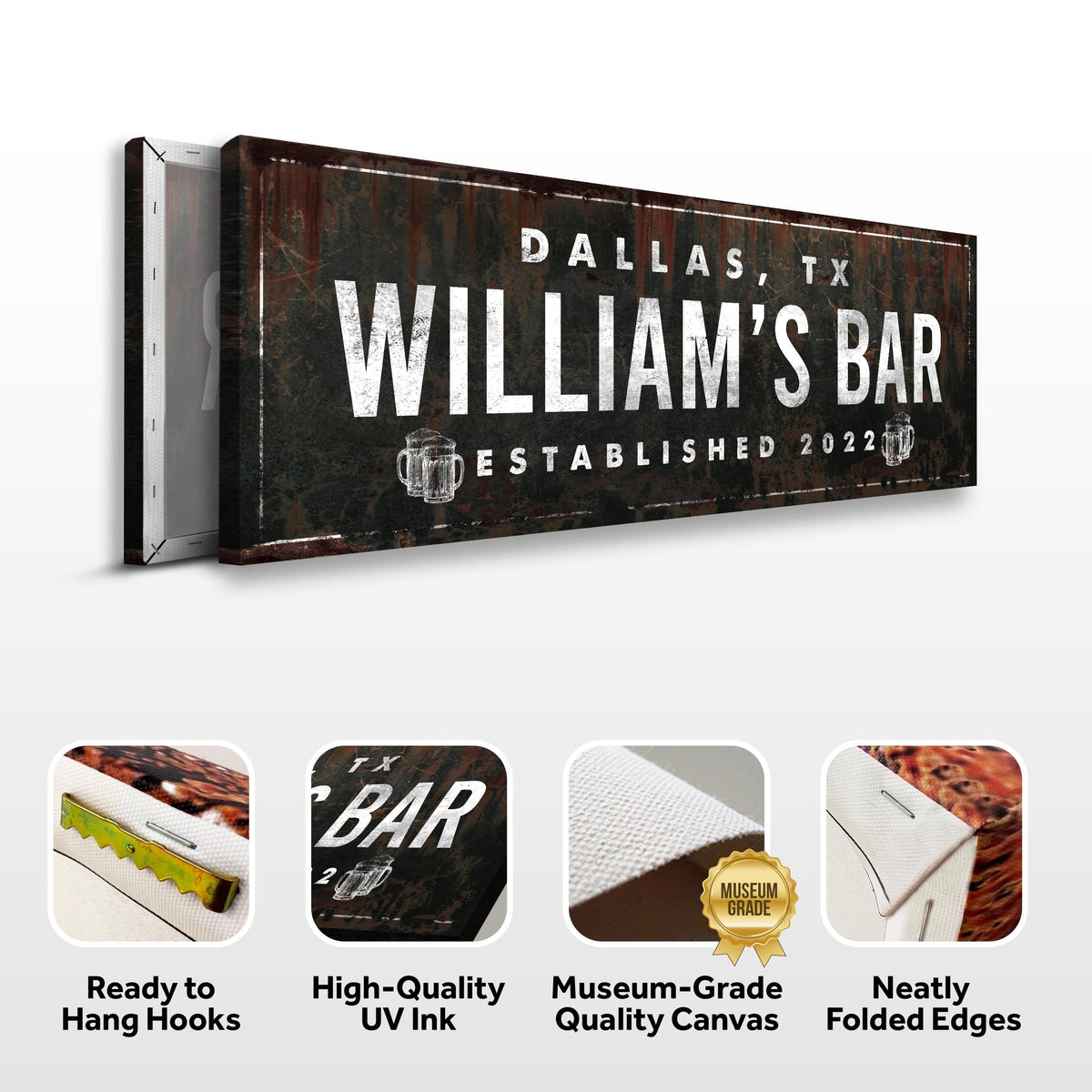 Rustic Bar Sign canvas with distressed texture and white lettering Dallas TX Tailored Canvases on Tampa Home & Garden Store