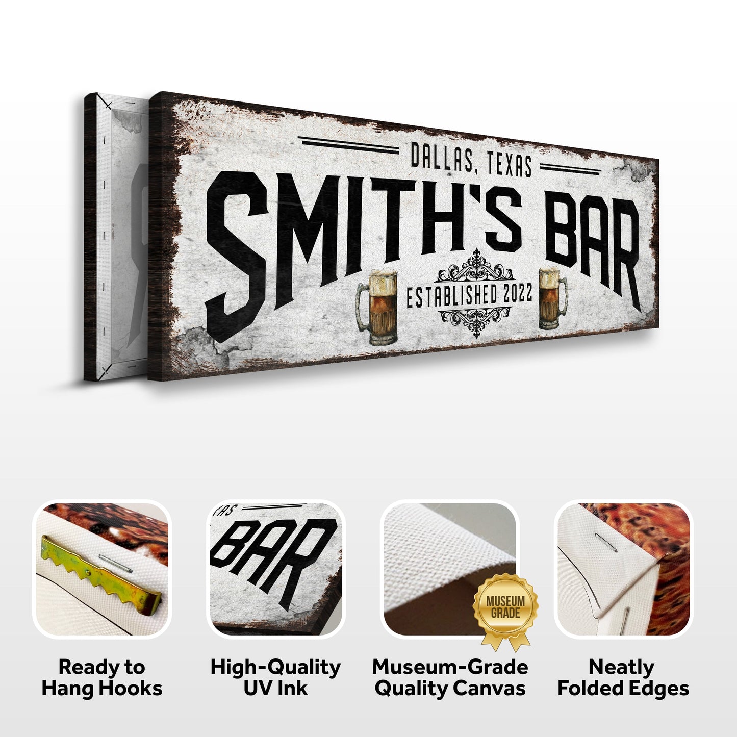 Rustic Bar Sign II canvas by Tailored Canvases, weathered white surface with bold black typography and beer mug art on a wood frame on Tampa Home & Garden Store