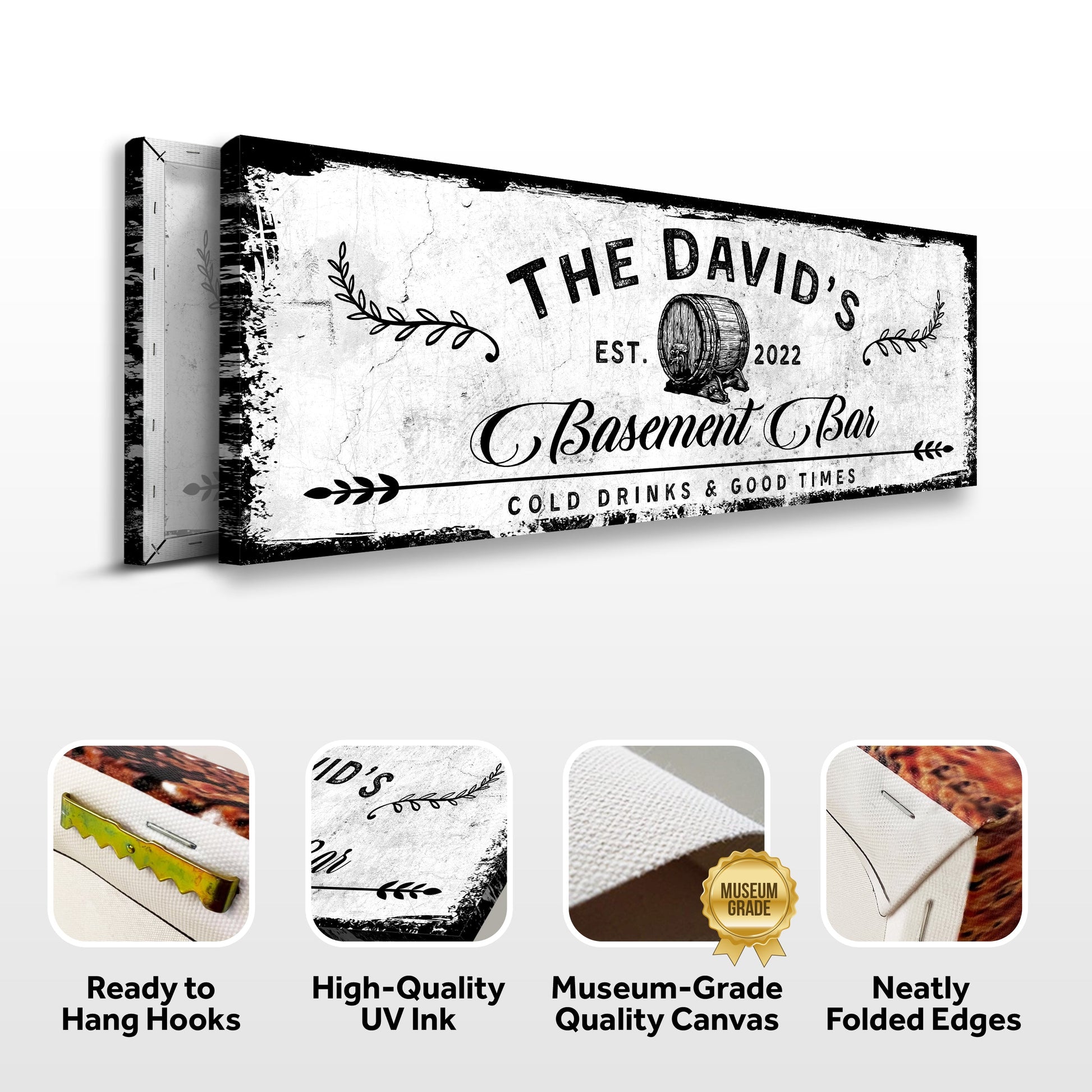 Basement Bar Barrel Sign canvas with black finish and barrel graphic by Tailored Canvases on Tampa Home & Garden Store