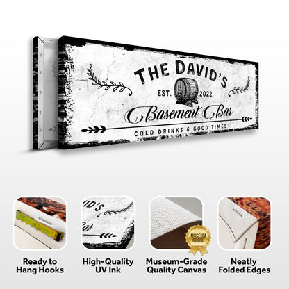 Basement Bar Barrel Sign canvas with black finish and barrel graphic by Tailored Canvases on Tampa Home & Garden Store