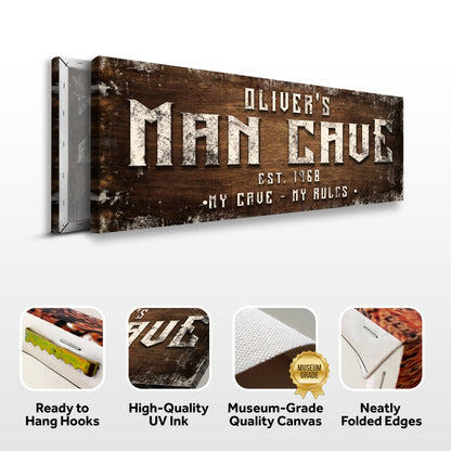 Man Cave My Rules Sign canvas by Tailored Canvases on rustic wood with white lettering on Tampa Home & Garden Store