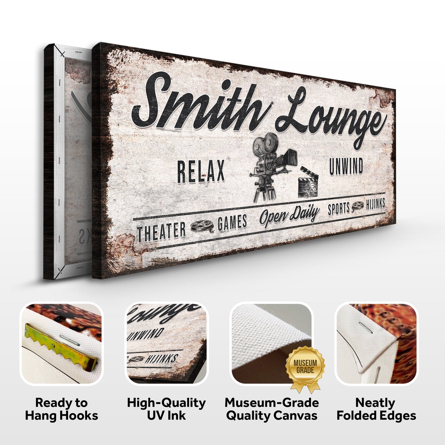 Relax Unwind Theatre Lounge Sign canvas by Tailored Canvases in beige vintage look on Tampa Home & Garden Store