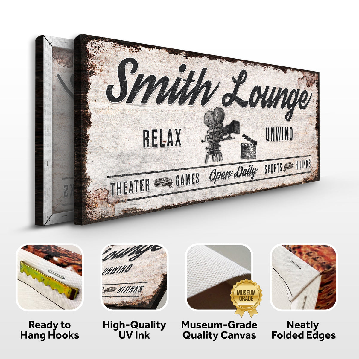Relax Unwind Theatre Lounge Sign canvas by Tailored Canvases in beige vintage look on Tampa Home & Garden Store