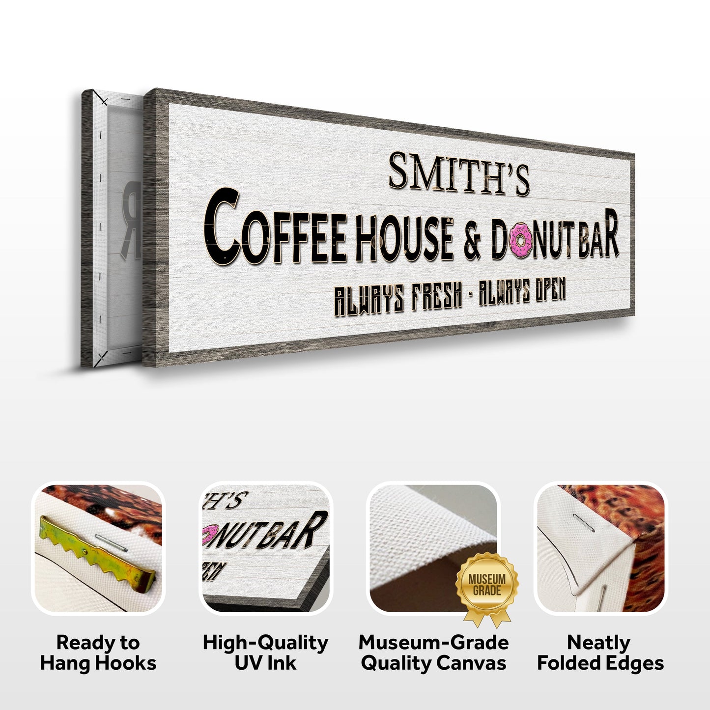 Coffee House And Donut Bar Sign II canvas by Tailored Canvases on rustic whitewashed wood frame on Tampa Home & Garden Store