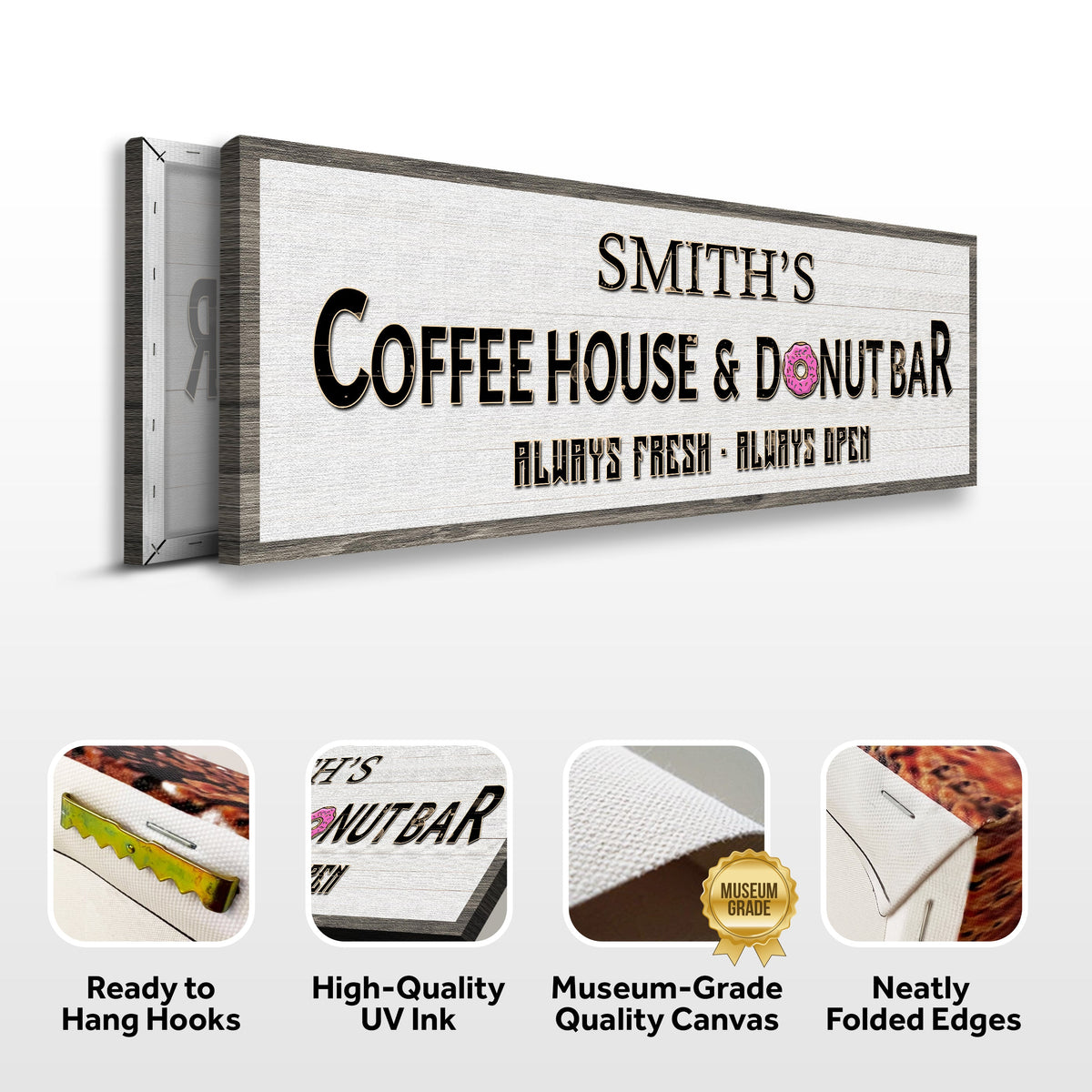 Coffee House And Donut Bar Sign II canvas by Tailored Canvases on rustic whitewashed wood frame on Tampa Home & Garden Store