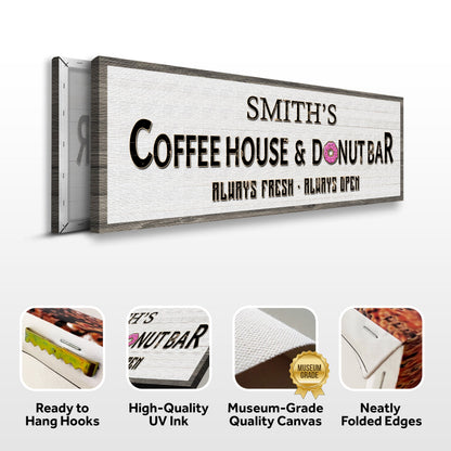 Coffee House And Donut Bar Sign II canvas by Tailored Canvases on rustic whitewashed wood frame on Tampa Home & Garden Store