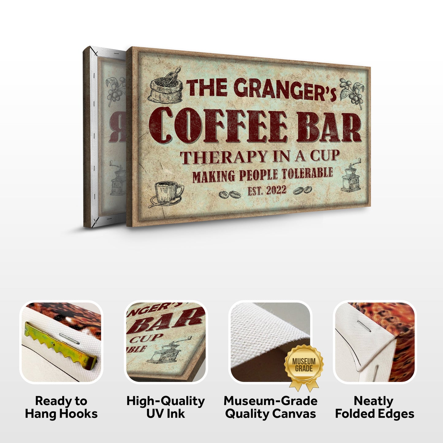 Coffee Bar Therapy In A Cup Sign canvas with vintage weathered look and rust red lettering on Tampa Home & Garden Store