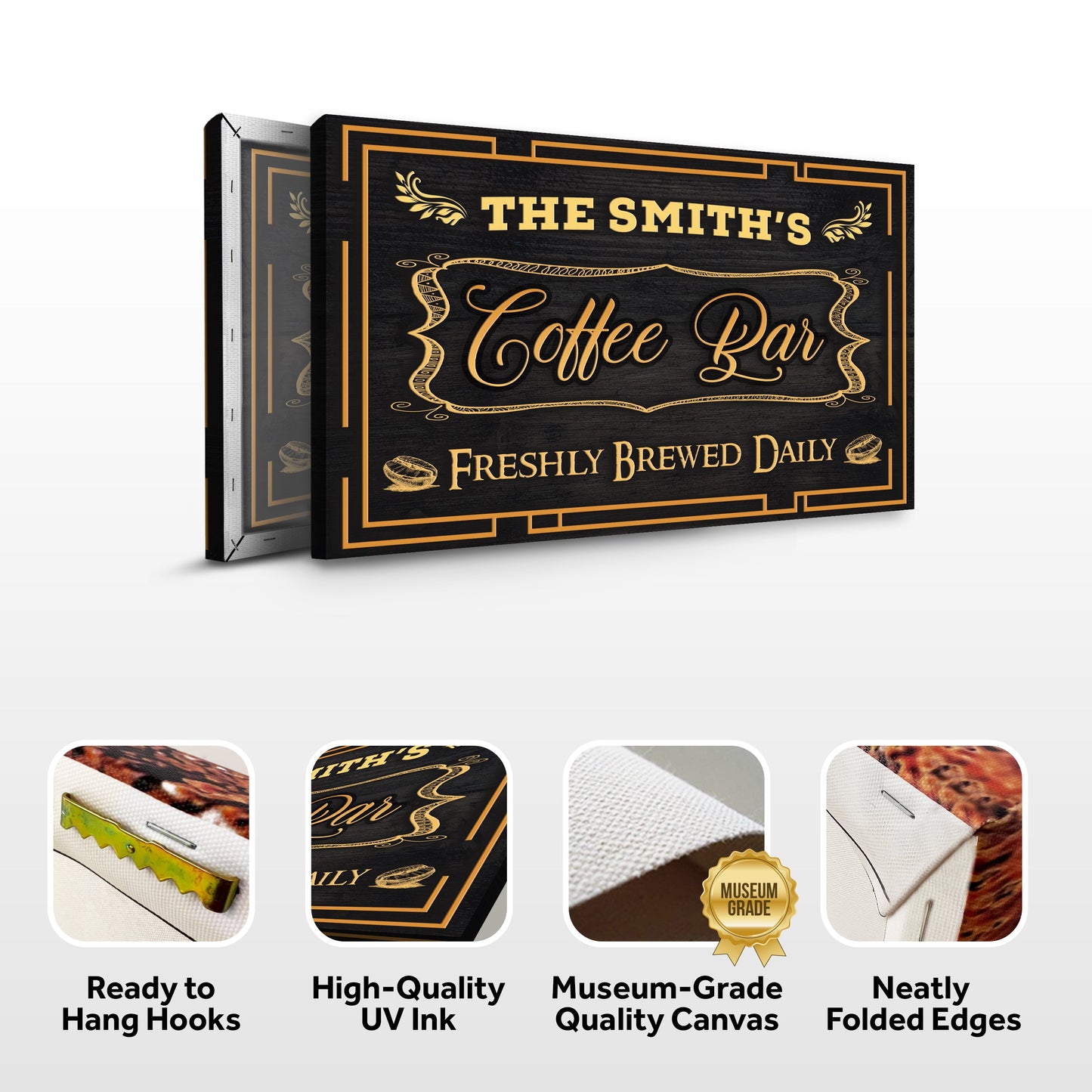 Coffee Bar Fresh Brewed Daily Sign canvas Tailored Canvases with black woodgrain and gold border on Tampa Home & Garden Store