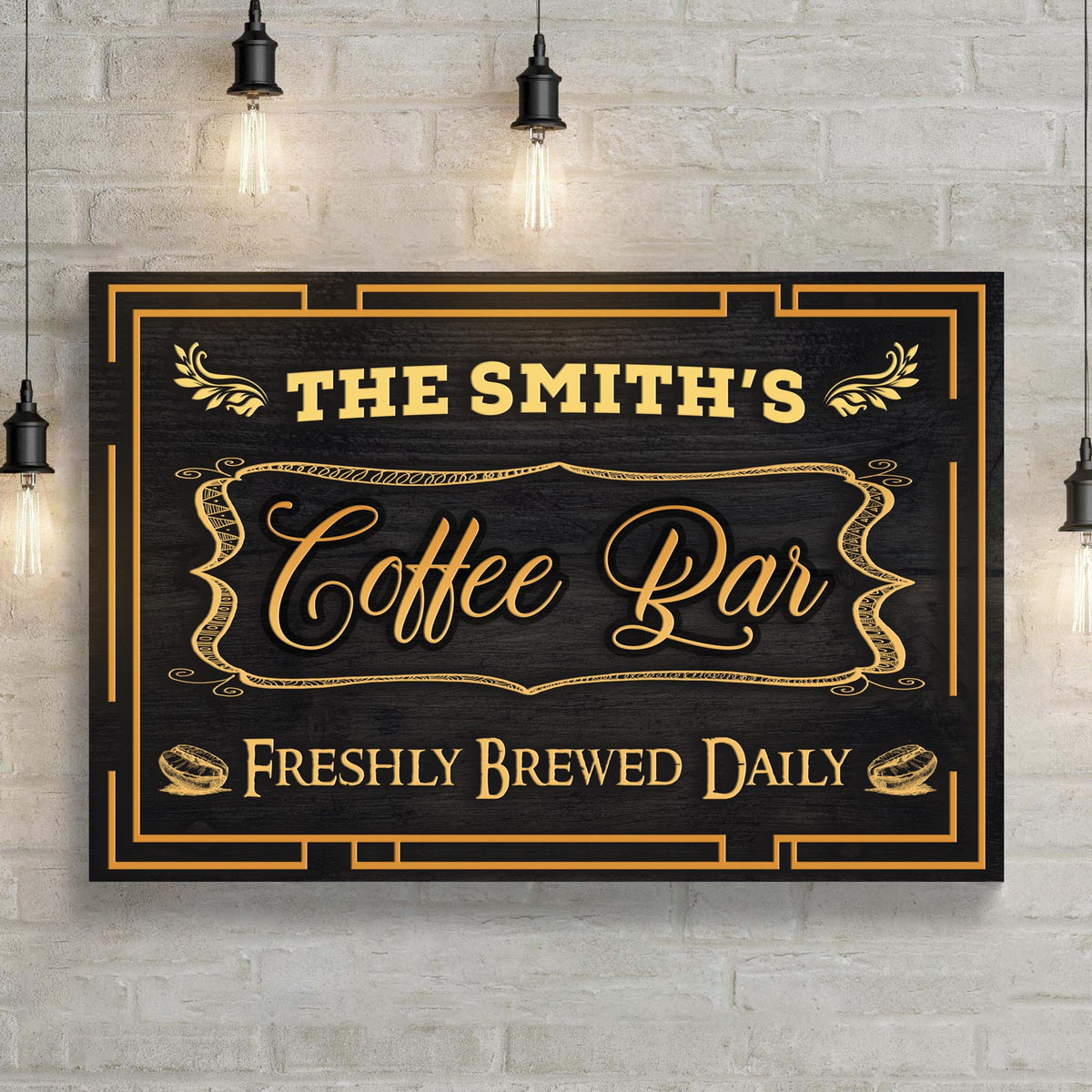 Canvas sign in black and gold reads The Smith's Coffee Bar with Freshly Brewed Daily border on Tampa Home & Garden Store