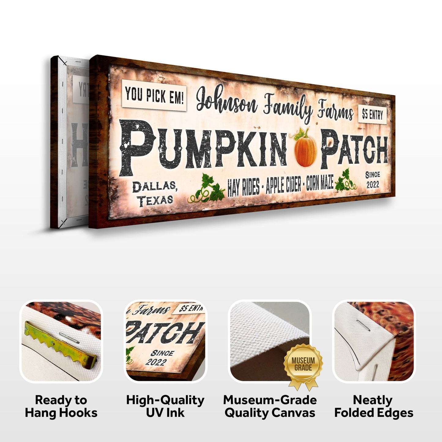 Family Farms Pumpkin Patch Sign Canvas by Tailored Canvases with rustic wood frame on Tampa Home & Garden Store