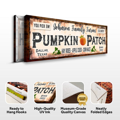Family Farms Pumpkin Patch Sign Canvas by Tailored Canvases with rustic wood frame on Tampa Home & Garden Store