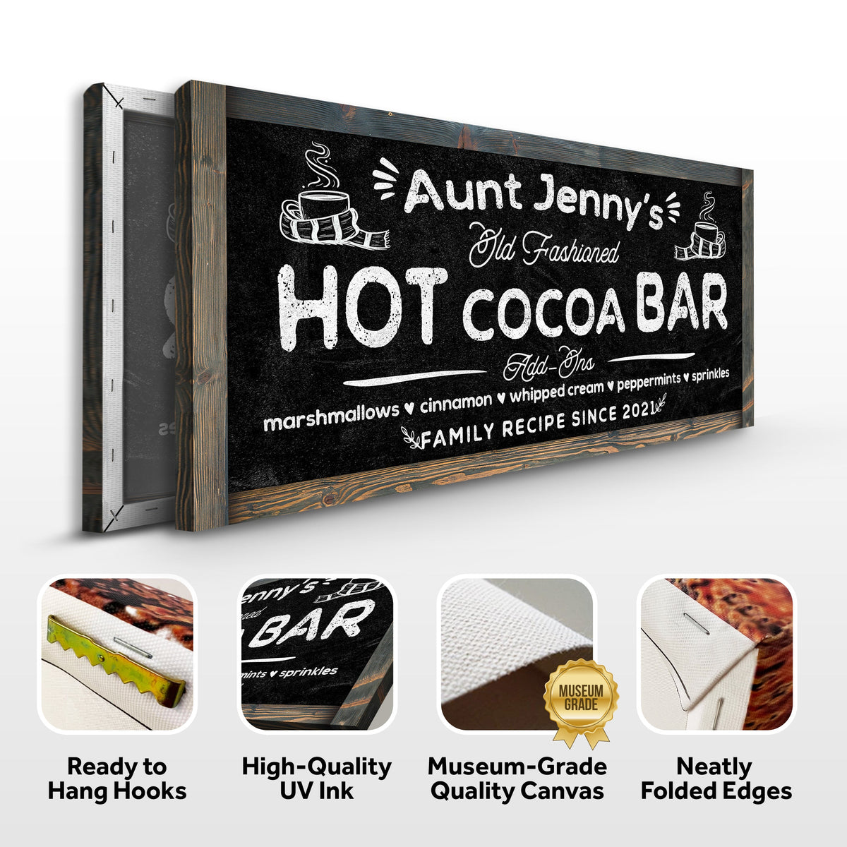 Family Recipe Old Fashioned Hot Cocoa Sign II canvas by Tailored Canvases, chalkboard wood frame on Tampa Home & Garden Store