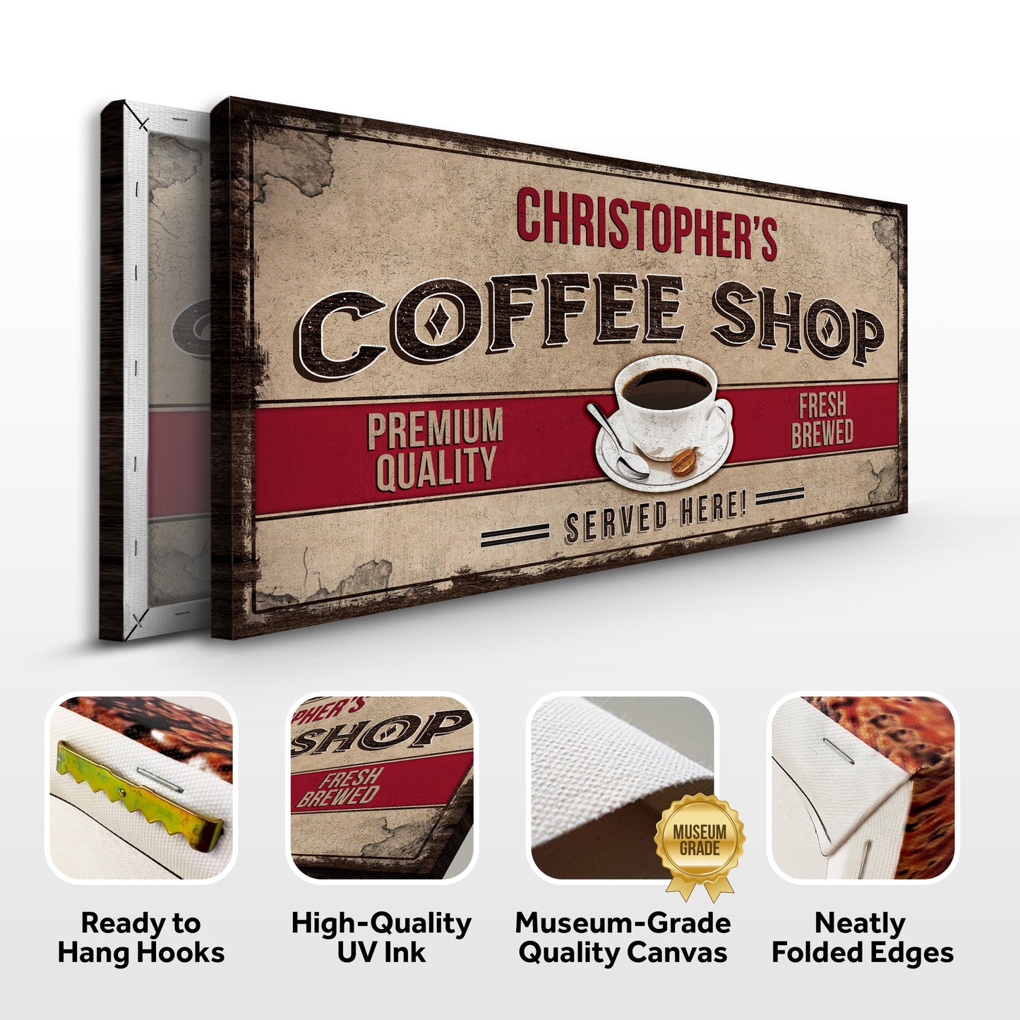 Coffee Shop Sign canvas by Tailored Canvases with beige background and vintage red lettering on Tampa Home & Garden Store