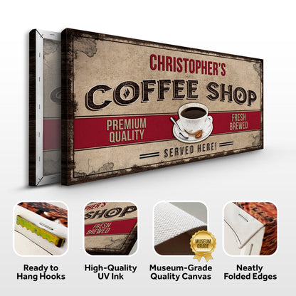 Coffee Shop Sign canvas by Tailored Canvases with beige background and vintage red lettering on Tampa Home & Garden Store
