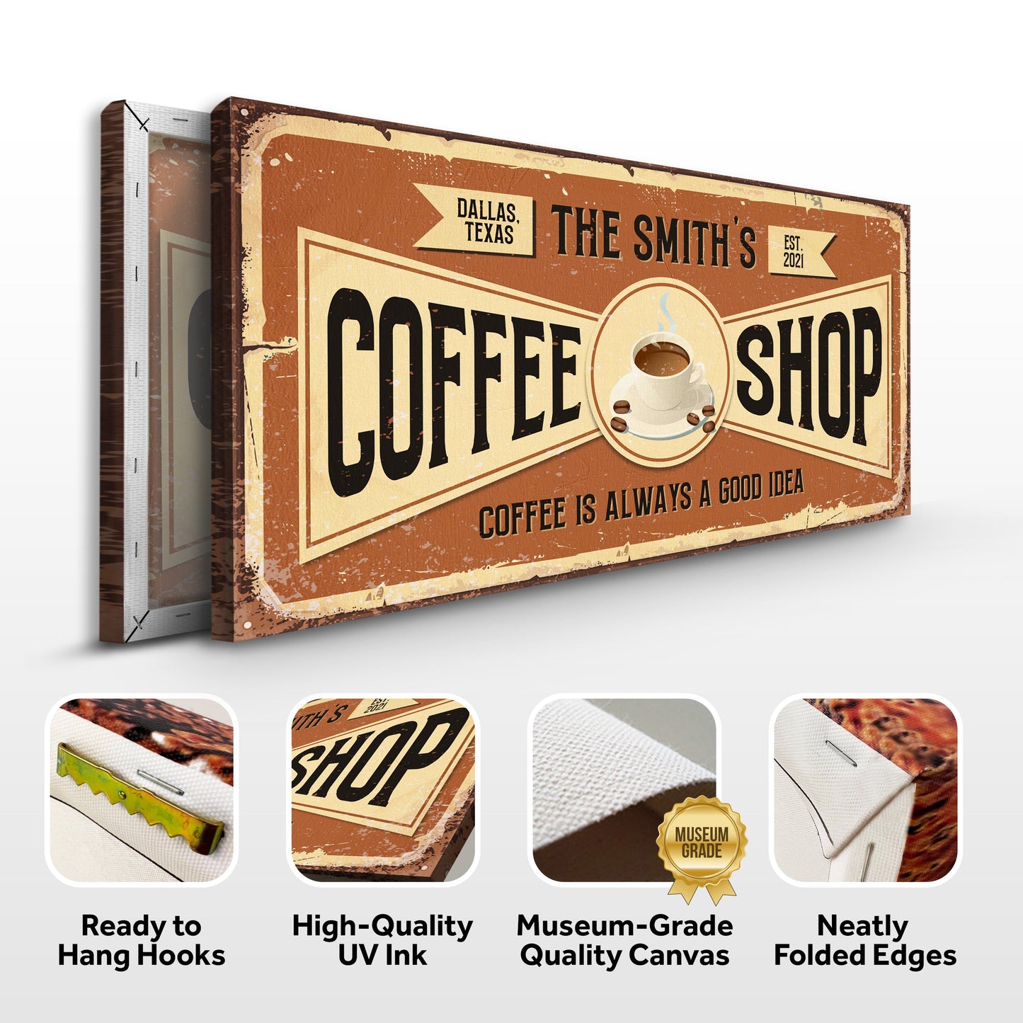 Coffee Shop Sign IV canvas by Tailored Canvases, vintage brown beige sign with coffee cup motif on Tampa Home & Garden Store