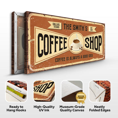 Coffee Shop Sign IV canvas by Tailored Canvases, vintage brown beige sign with coffee cup motif on Tampa Home & Garden Store