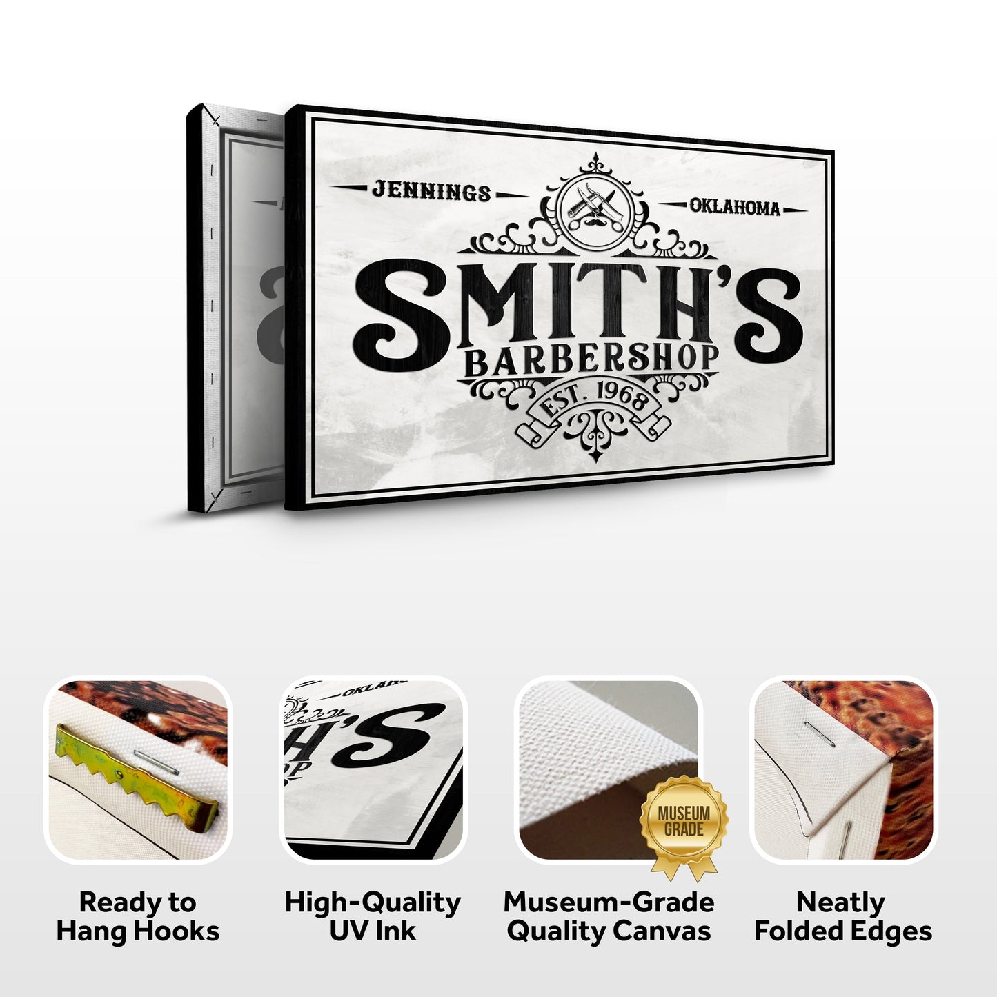 Barbershop Sign IV canvas by Tailored Canvases, black and white vintage barbershop design on Tampa Home & Garden Store