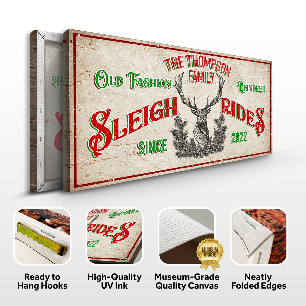 Christmas Reindeer Sign Canvas by Tailored Canvases with beige background red-green deer illustration on Tampa Home & Garden Store