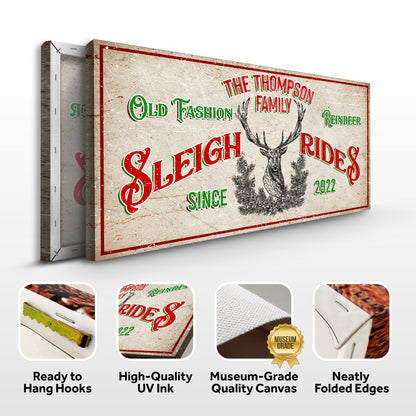 Christmas Reindeer Sign Canvas by Tailored Canvases with beige background red-green deer illustration on Tampa Home & Garden Store