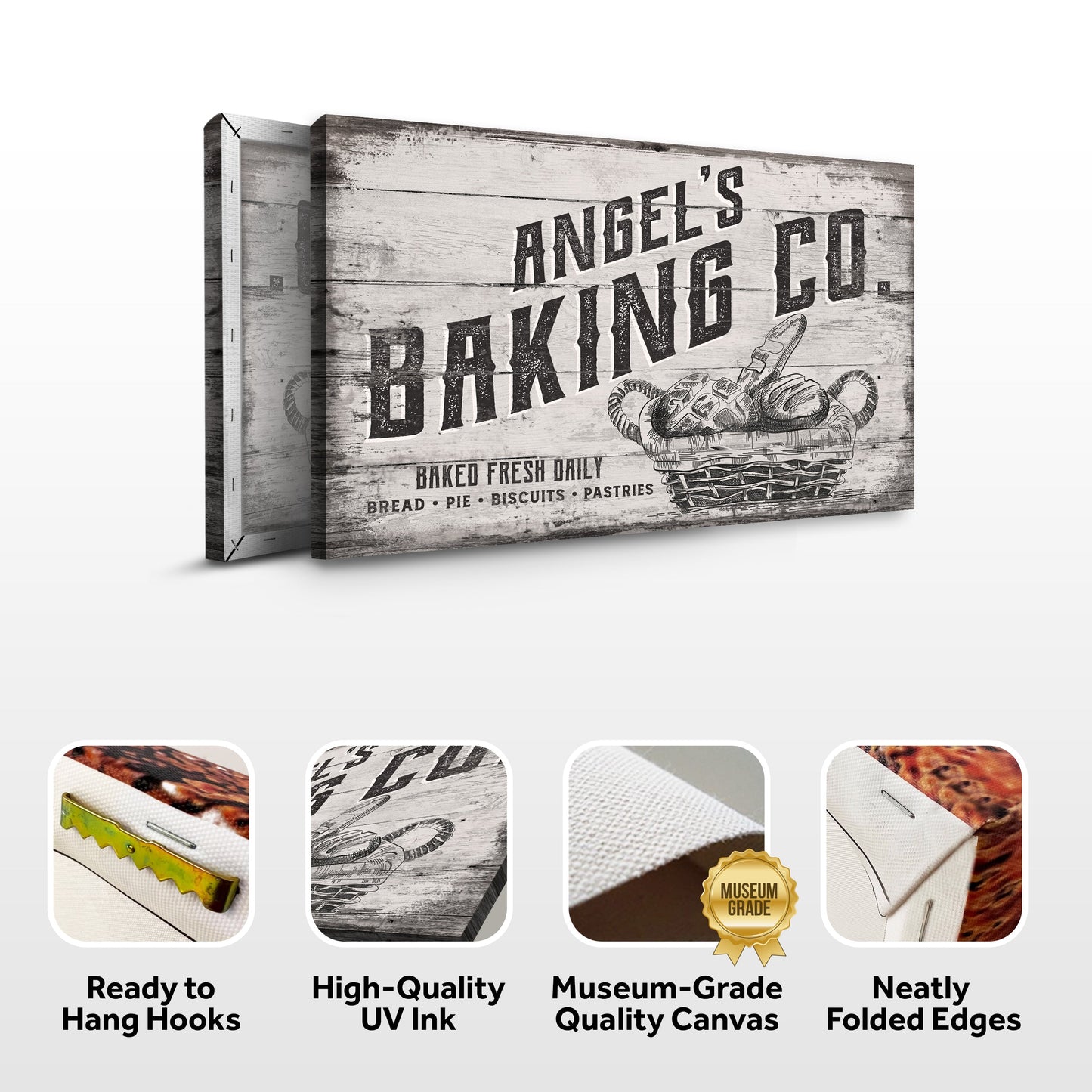 Baking Co Sign III canvas by Tailored Canvases featuring monochrome rustic wood bakery sign on Tampa Home & Garden Store