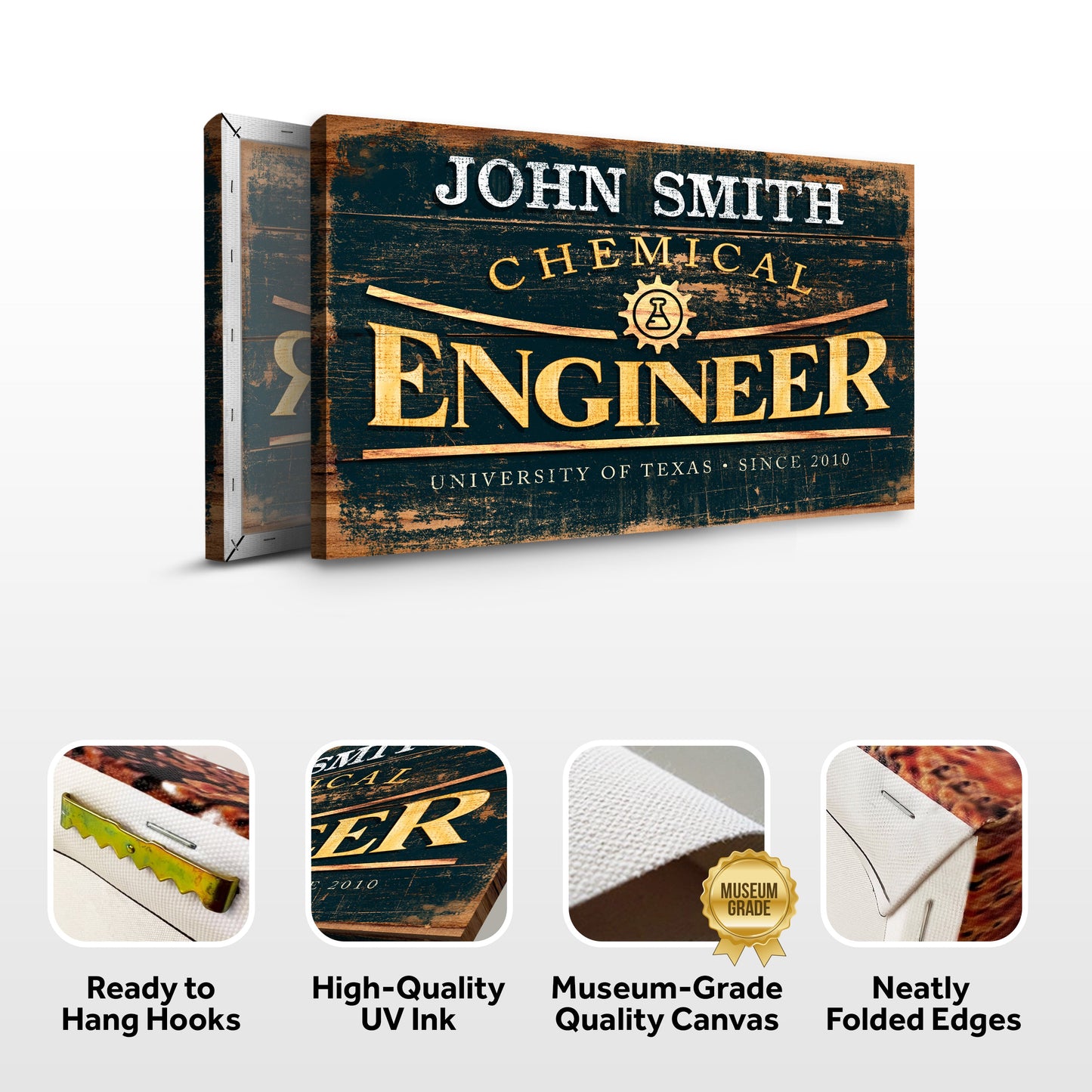 Chemical Engineer Sign canvas by Tailored Canvases with distressed navy wood background on Tampa Home & Garden Store