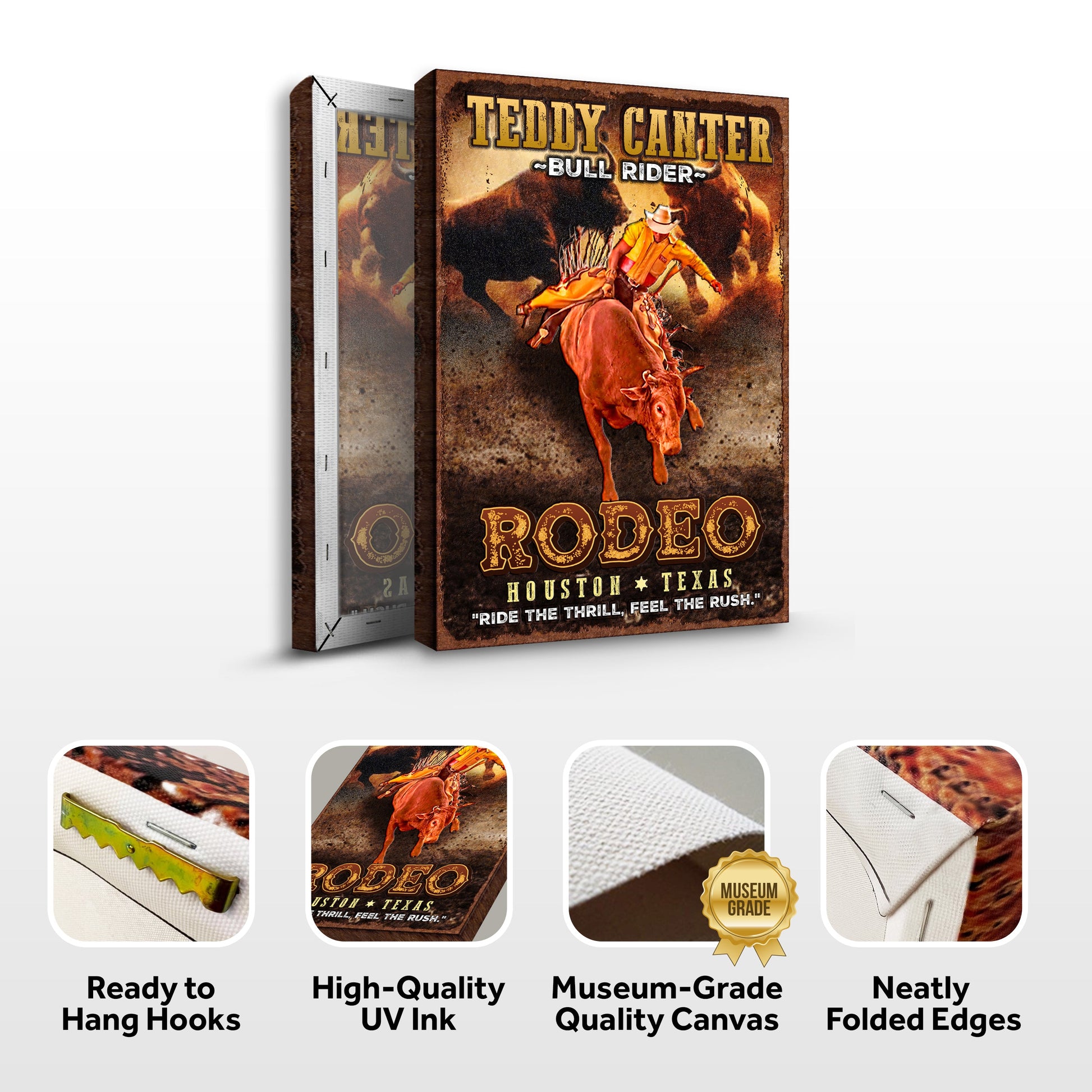 Cowboy Rodeo Bull Rider Canvas by Tailored Canvases, vintage brown poster art on Tampa Home & Garden Store