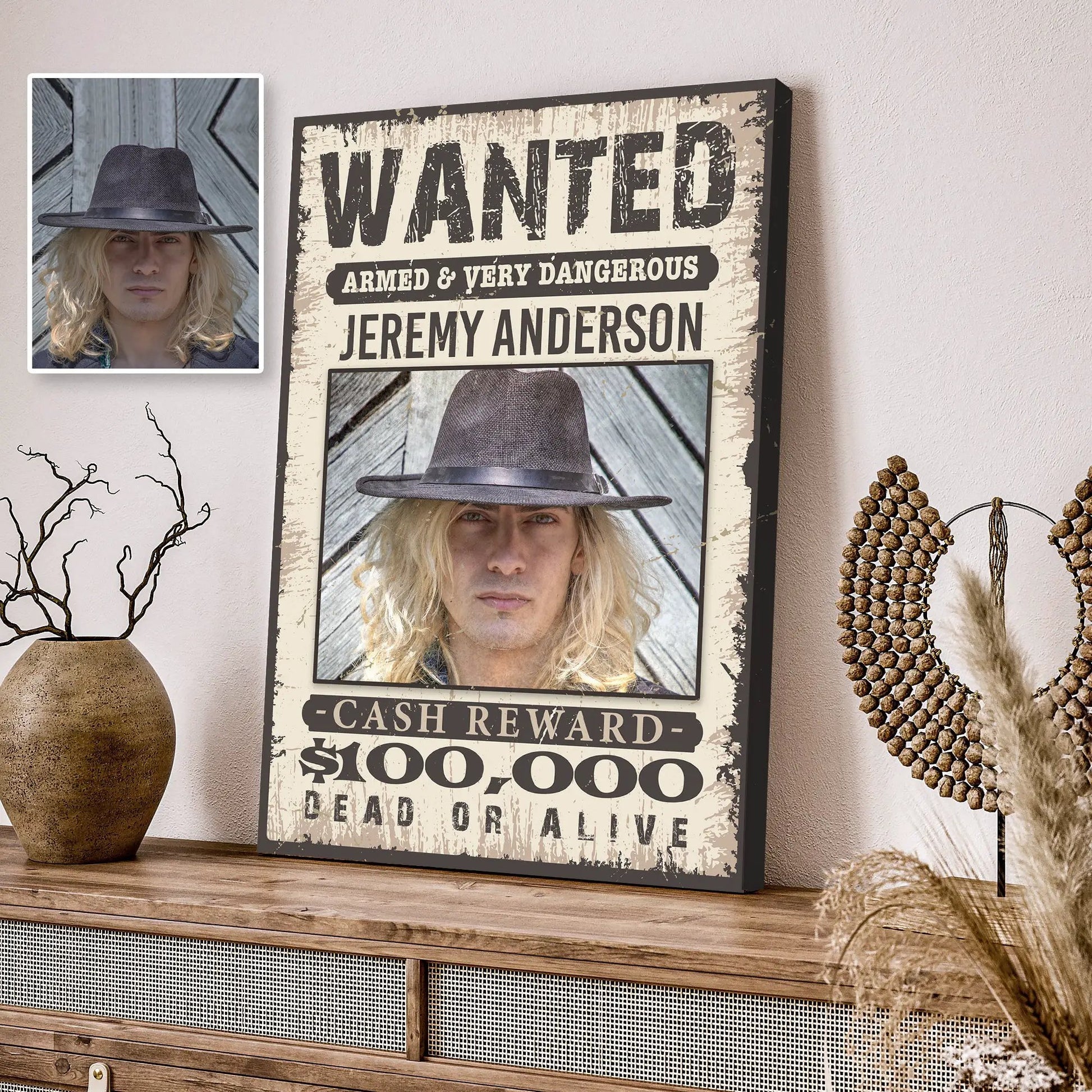 Wanted Sign III canvas by Tailored Canvases, vintage poster with hat portrait on Tampa Home & Garden Store