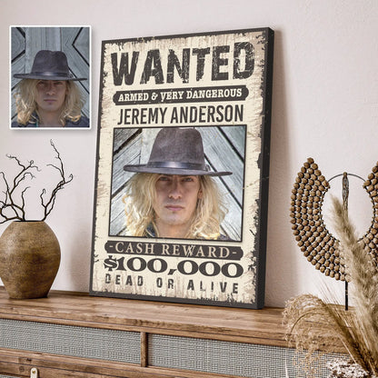 Wanted Sign III canvas by Tailored Canvases, vintage poster with hat portrait on Tampa Home & Garden Store