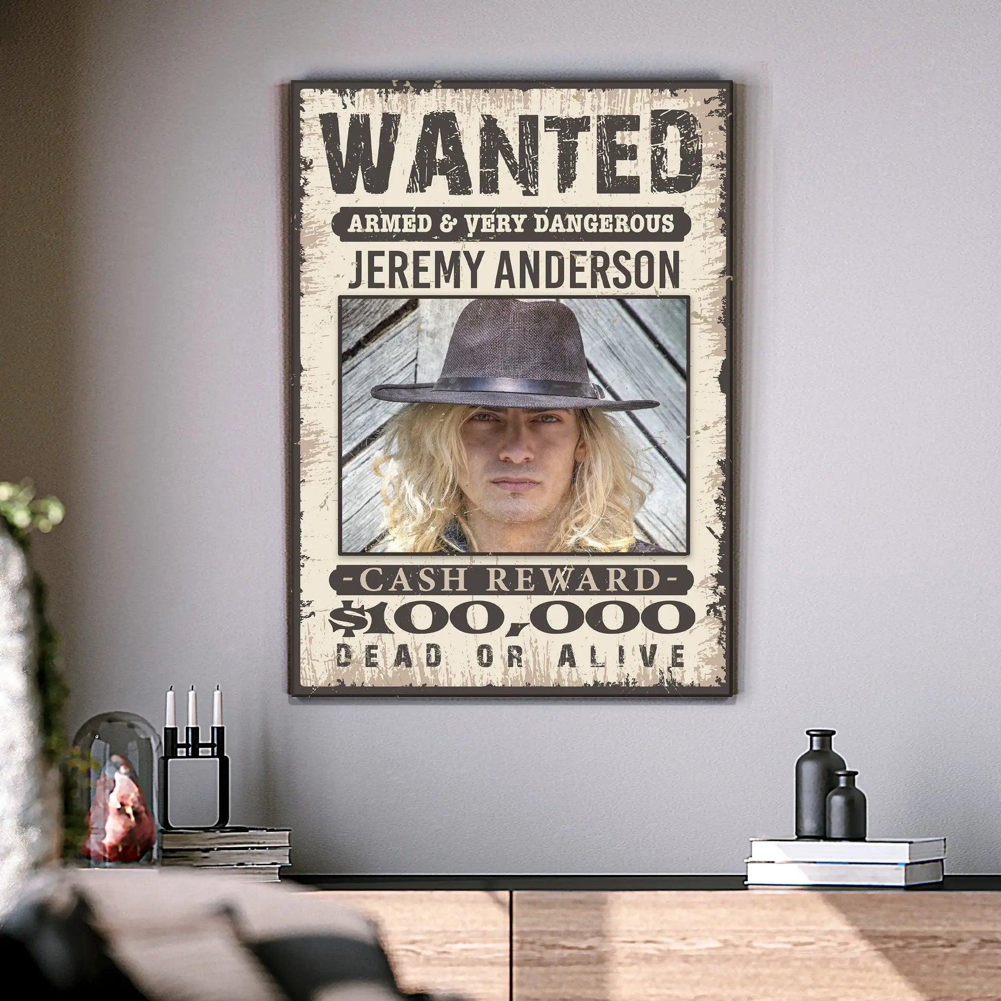 Tailored Canvases Wanted Sign III canvas with distressed vintage poster and portrait on Tampa Home & Garden Store