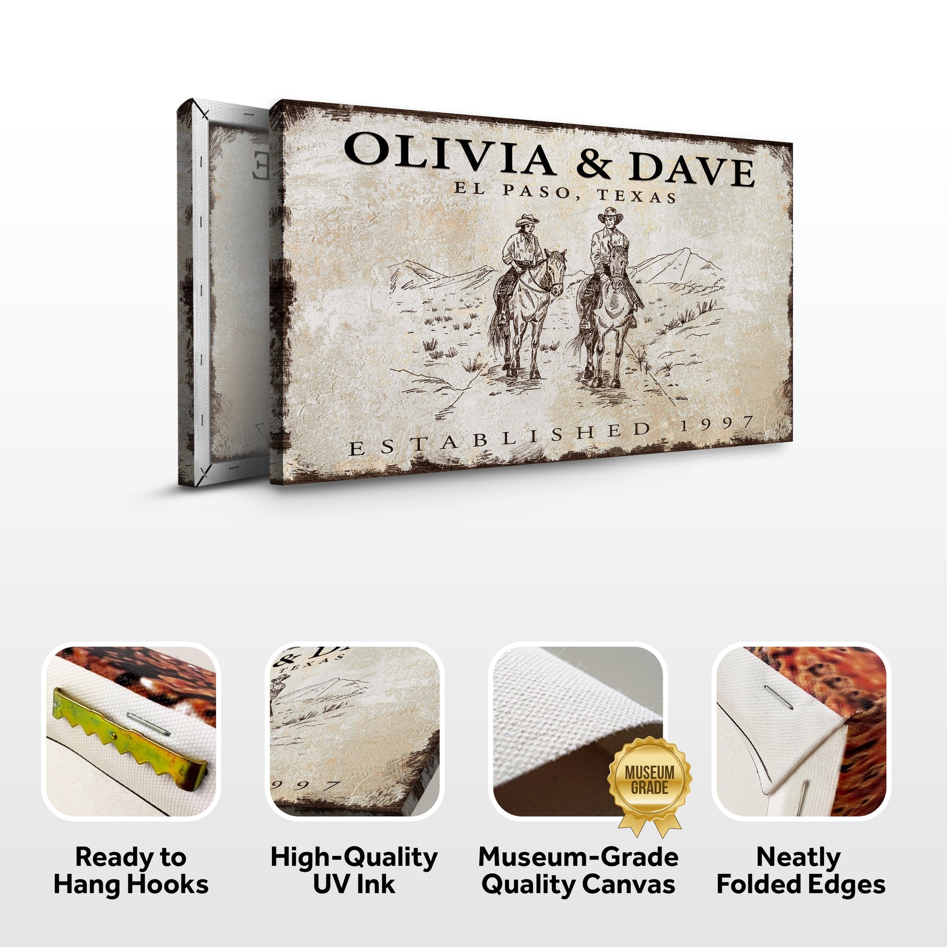 Cowboy Couple Sign canvas by Tailored Canvases with OLIVIA & DAVE El Paso Texas on rustic distressed border on Tampa Home & Garden Store