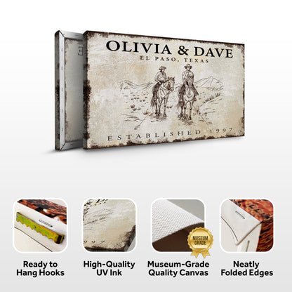 Cowboy Couple Sign canvas by Tailored Canvases with OLIVIA & DAVE El Paso Texas on rustic distressed border on Tampa Home & Garden Store