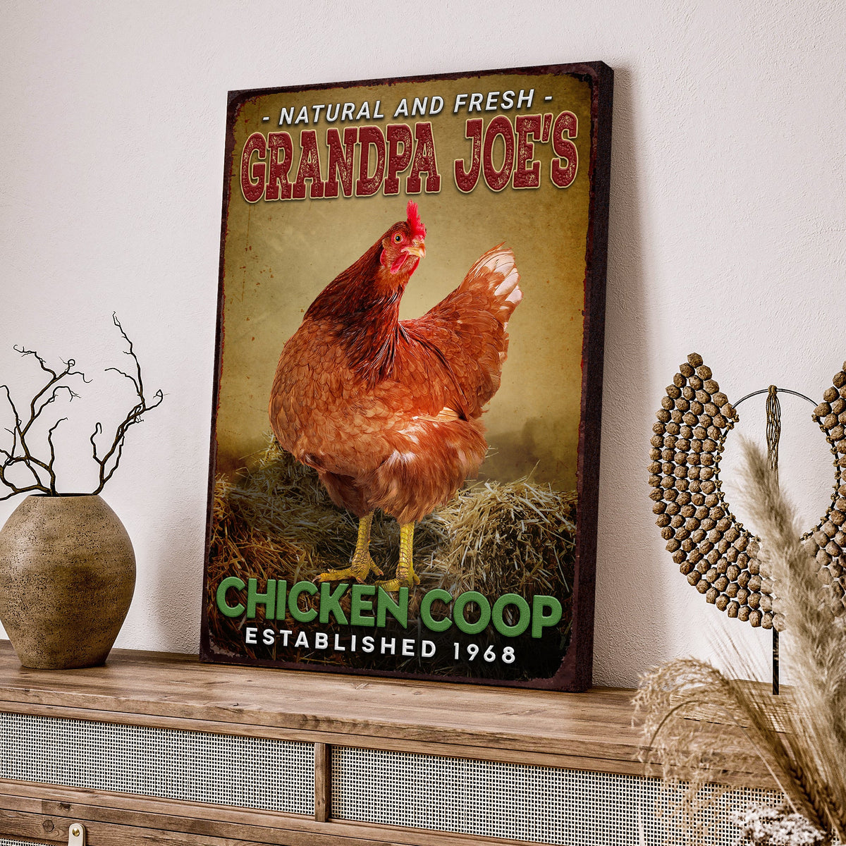Chicken Coop sign canvas with rustic aged finish and hen illustration on Tampa Home & Garden Store