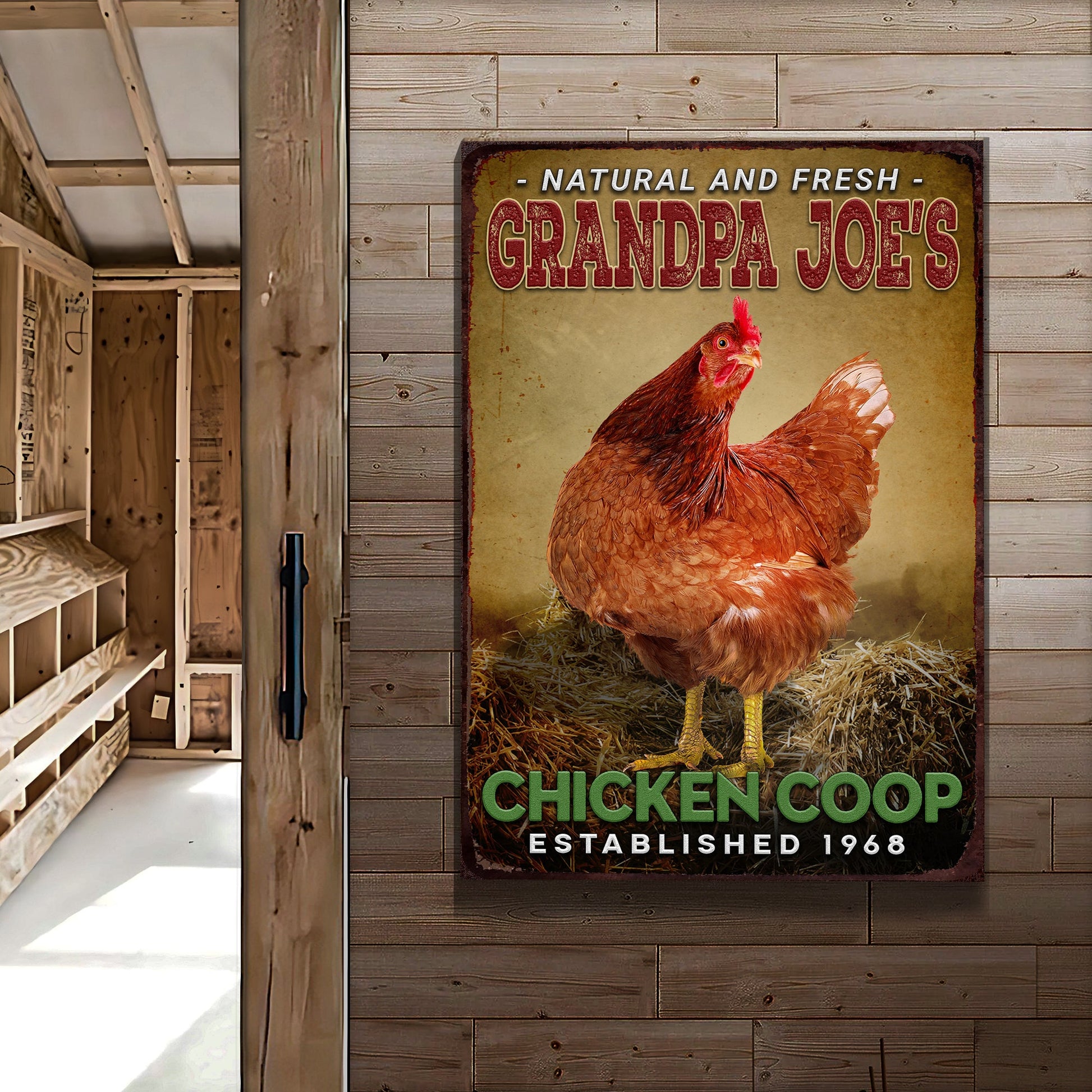 Chicken coop sign canvas with natural and fresh Grandpa Joe's design on Tampa Home & Garden Store