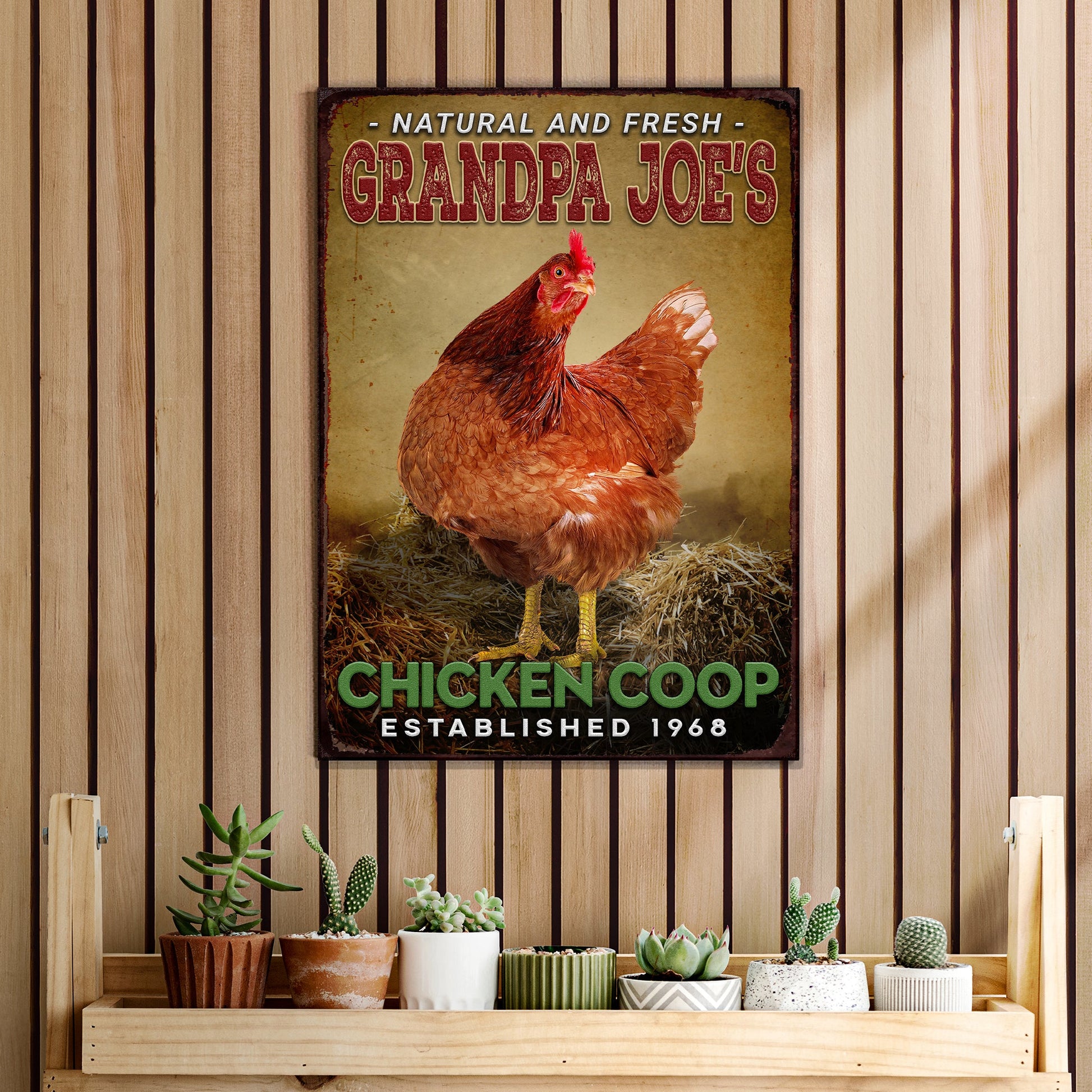 Canvas sign Chicken Coop Natural And Fresh by Tailored Canvases with a rustic chicken image on Tampa Home & Garden Store