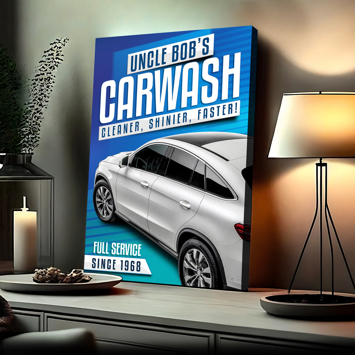 Car Wash Sign canvas by Tailored Canvases; blue striped backdrop with Uncle Bob's Carwash text on Tampa Home & Garden Store