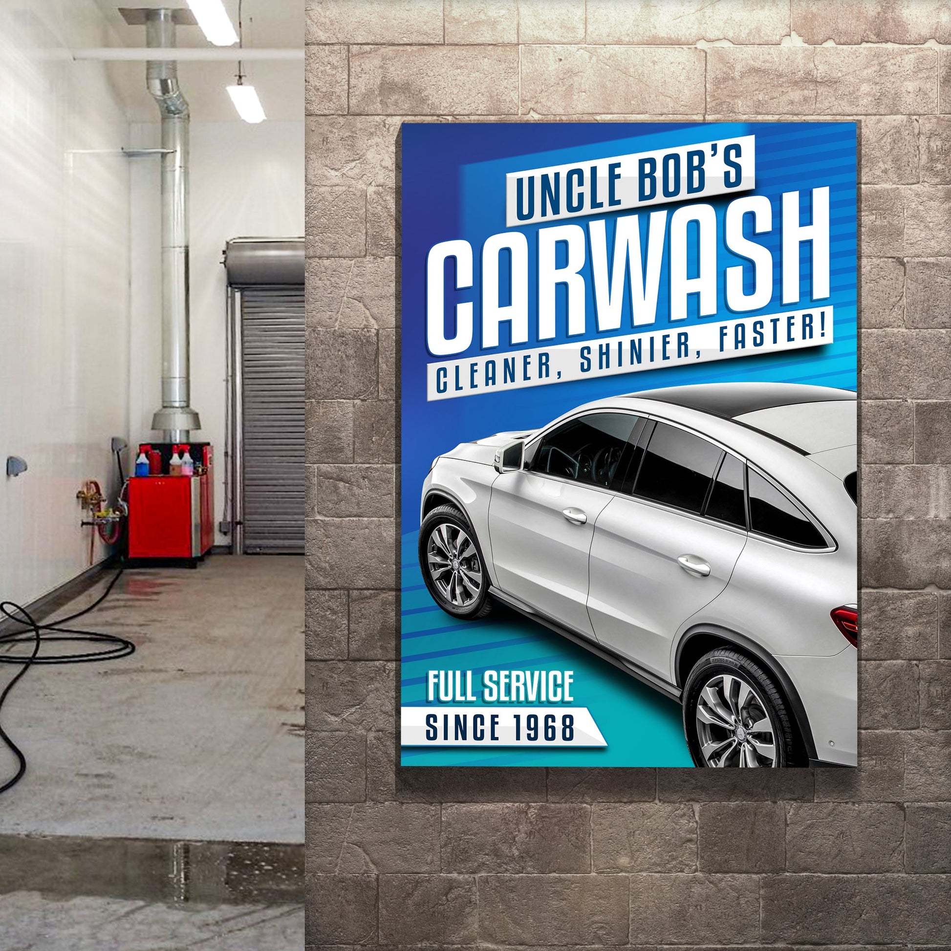 Car Wash Sign canvas by Tailored Canvases mounted on brick wall with bold blue typography and car graphic on Tampa Home & Garden Store