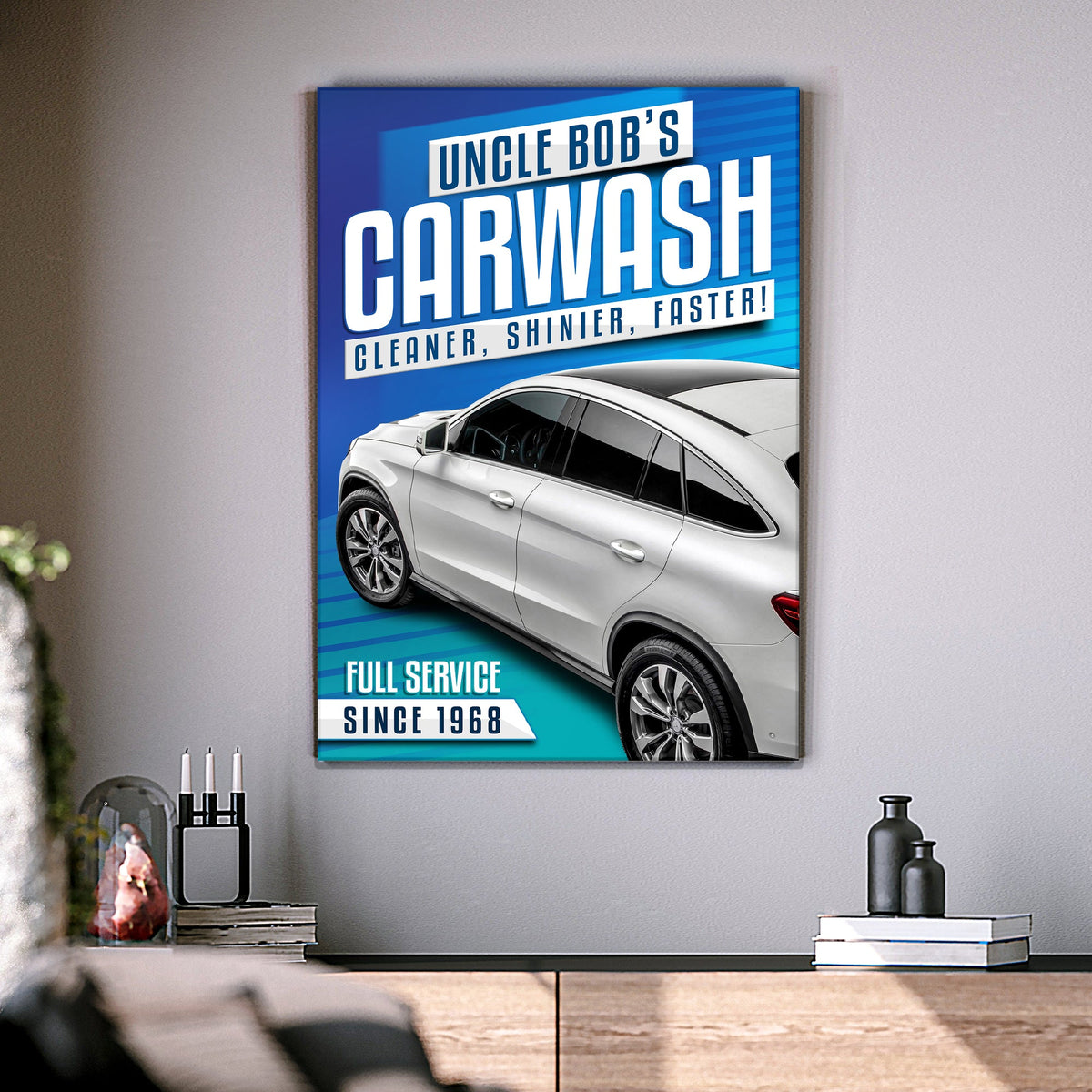 Car wash sign canvas by Tailored Canvases with bold blue typography on Tampa Home & Garden Store