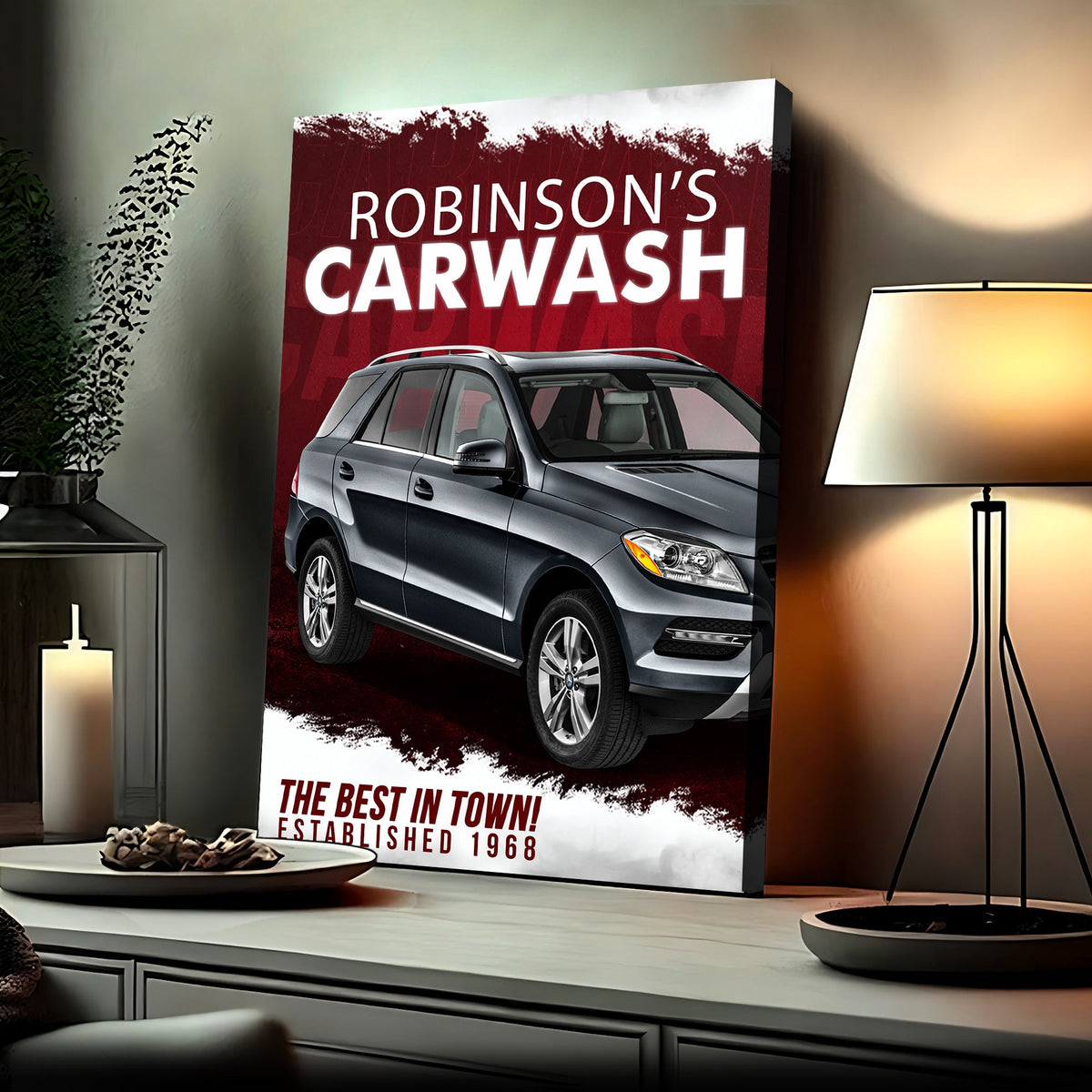 Car Wash Sign II canvas with burgundy background and CARWASH; SUV graphic Tailored Canvases on Tampa Home & Garden Store