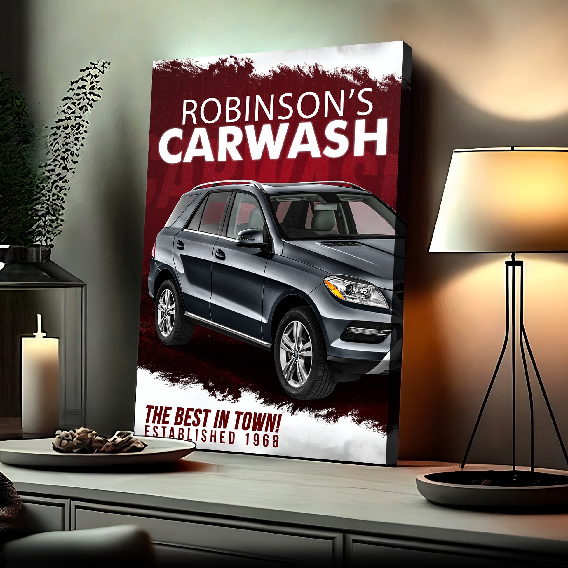 Car Wash Sign II canvas with burgundy background and CARWASH; SUV graphic Tailored Canvases on Tampa Home & Garden Store