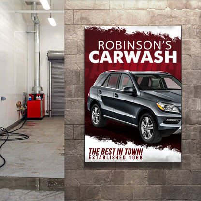 Car Wash Sign II canvas poster on brick wall featuring Robinson's Carwash and a silver SUV on Tampa Home & Garden Store